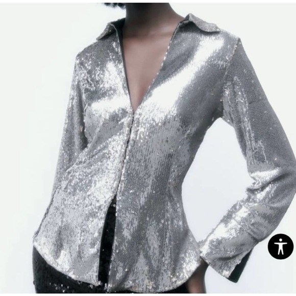 NWT Zara Long Sleeve Silver Sequin Shirt Size Large - Picture 2 of 9